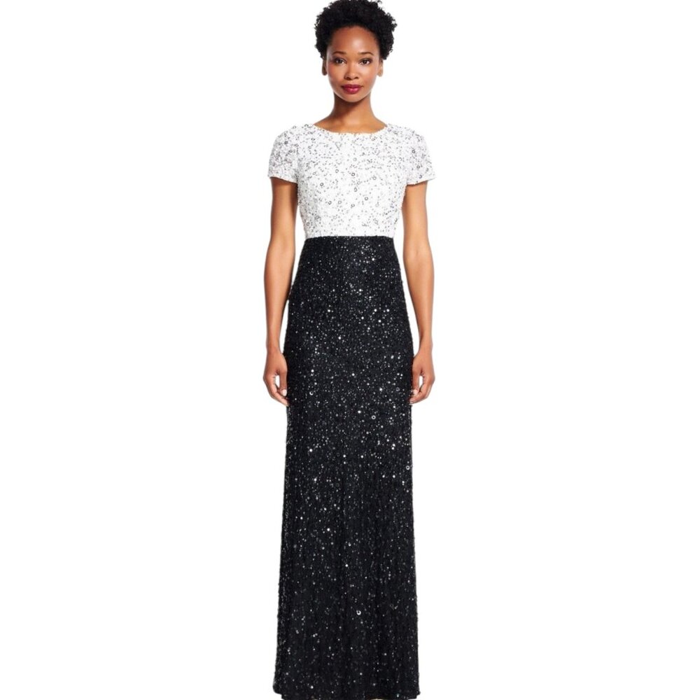 Adrianna Papell Colorblock‎ Sequin Maxi Dress Black & White Women's Size 6P